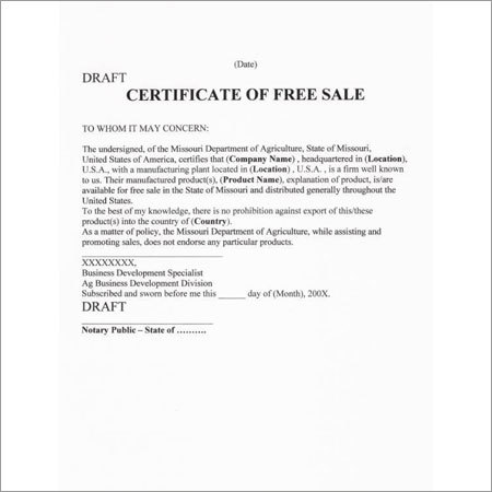 Certificate of Free Sale