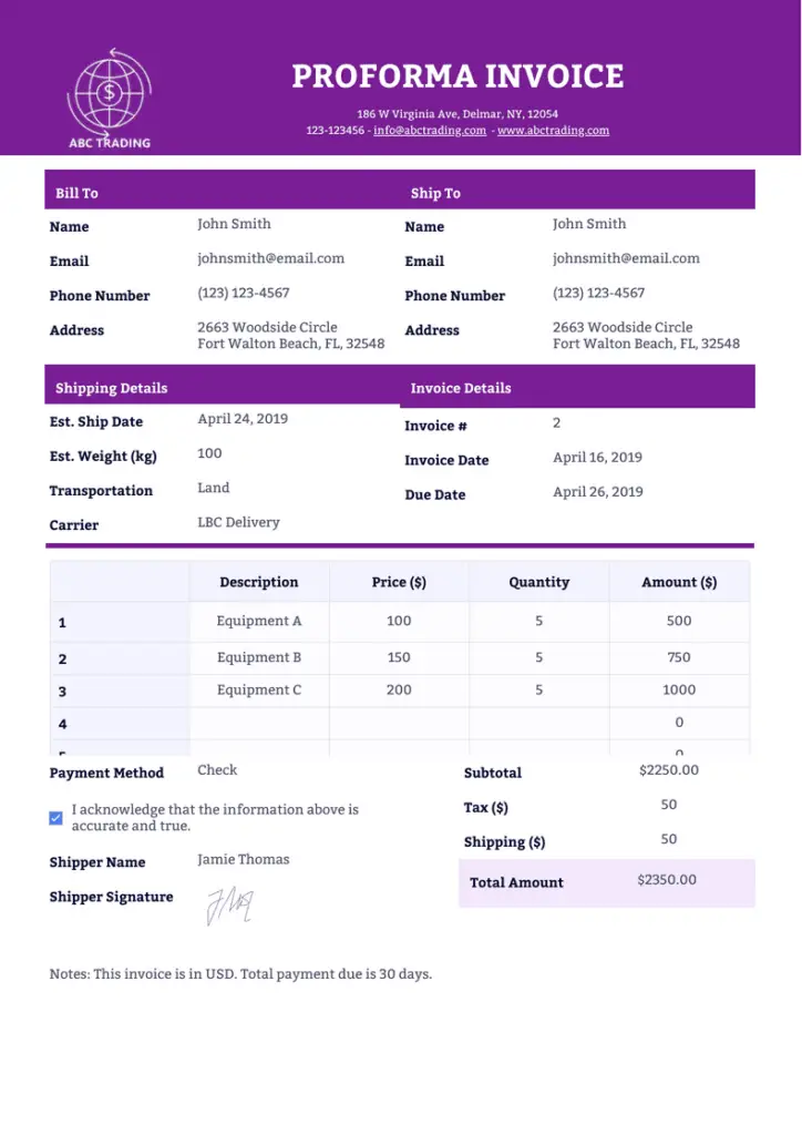 pro-forma invoice